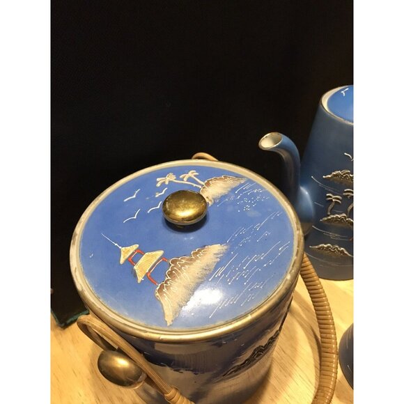 1920s Morimura Japan Moriage Tea Set Coffee Island Palm Trees Pagoda Gaudy Blue - Picture 15 of 16